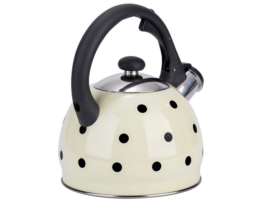 Czajnik 2L emaliowany kremowy w czarne kropki z gwizdkiem Elitehoff