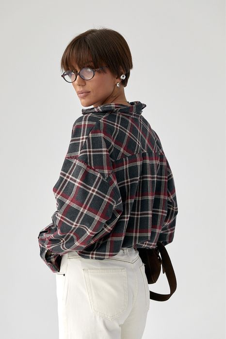 Трендова оверсайз сорочка в клітинку, картата сорочка сірий/бордовий