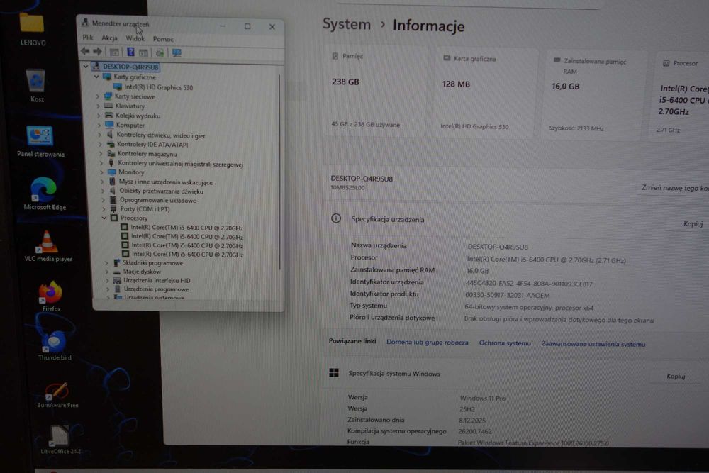 Komputer Używany Lenovo M710S SFF i5 16GB 256 SSD GW FV