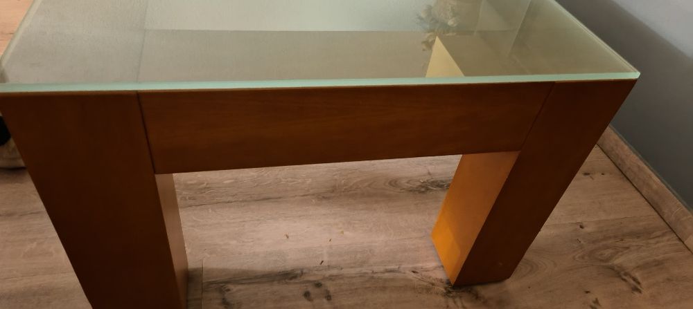 Mesa centro madeira e vidro fosco