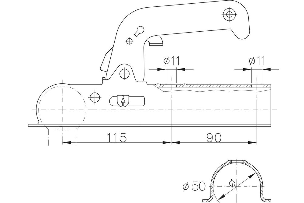 Zaczep kulowy WINTERHOFF  do przyczepki 800kg z dyszlem rurowym 50mm
