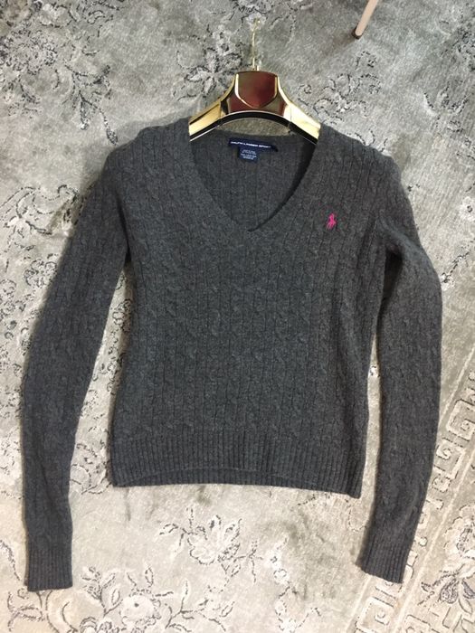 Oryginalny szary sweter Ralph Lauren 100% wełna warkocze sweterek