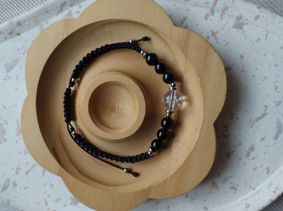 Bransoletka czarny turmalin i kryształ górski lodowy