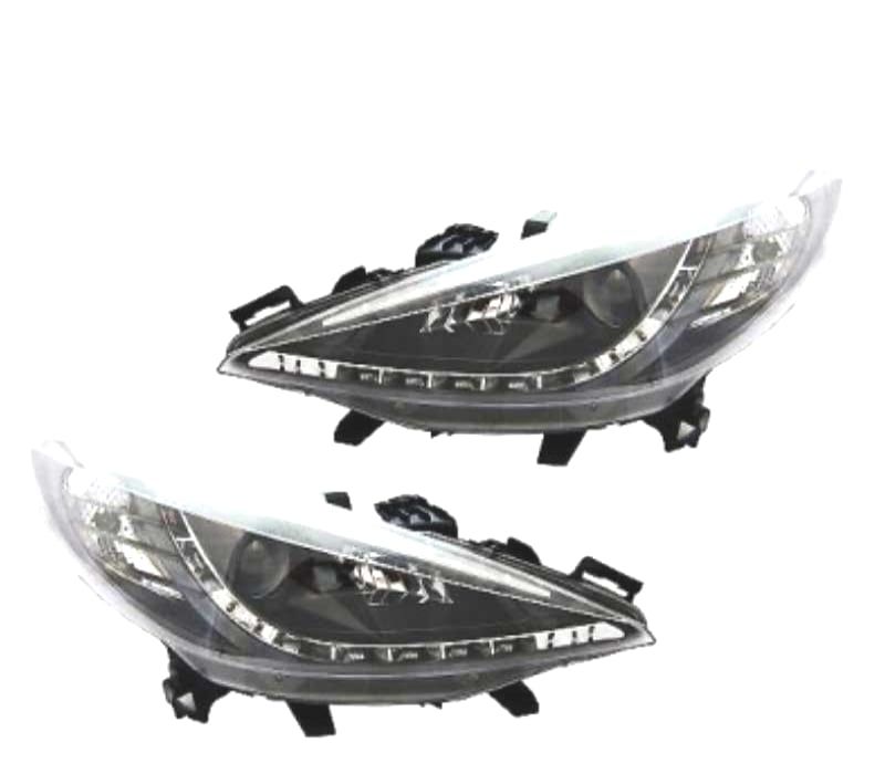 FARÓIS FRONTAIS PEUGEOT 207 06-12 DRL FUNDO PRETO