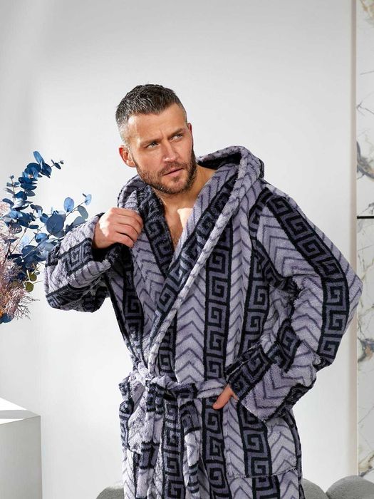 Мужской махровый халат батал / Халат с капюшоном на запах 44р-66р