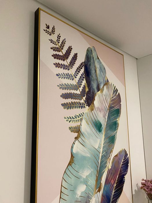 Quadro e duas banquetas azul petróleo