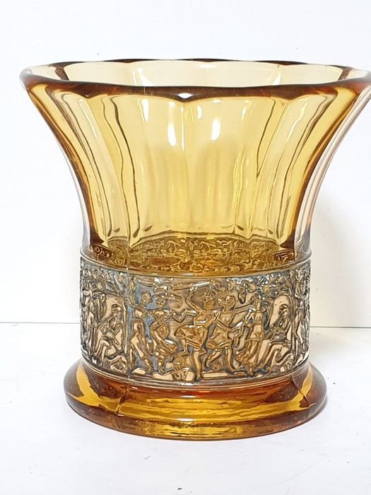 Beautiful vintage August Walther jug – amber glass decorated with a golden scene