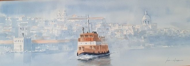 Belíssima águarela 90x35cm de Lisboa de Antonio Neves