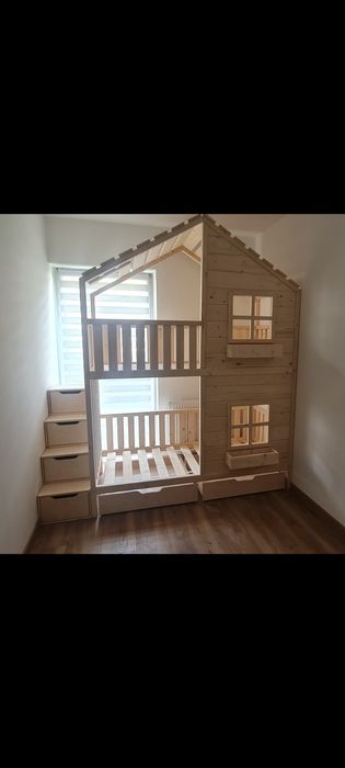 Łóżko piętrowe drewniane domek 80x180