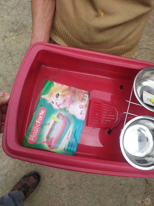 Vendo kit para gato e recipiente para a areia do gato.