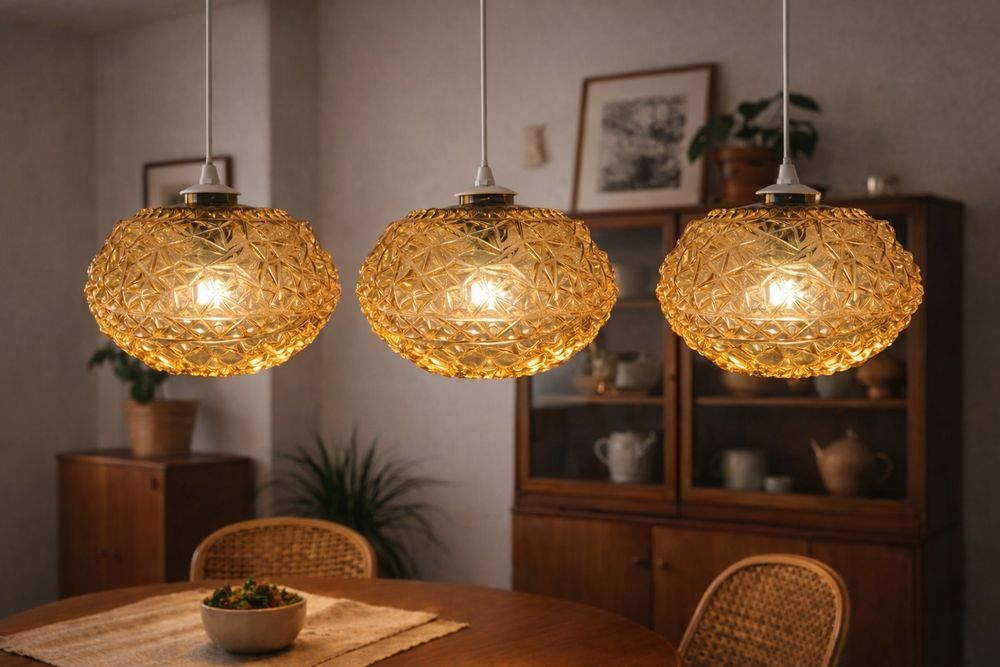 3× żyrandol PRL – lampa wisząca, bursztynowe szkło prasowane, vintage