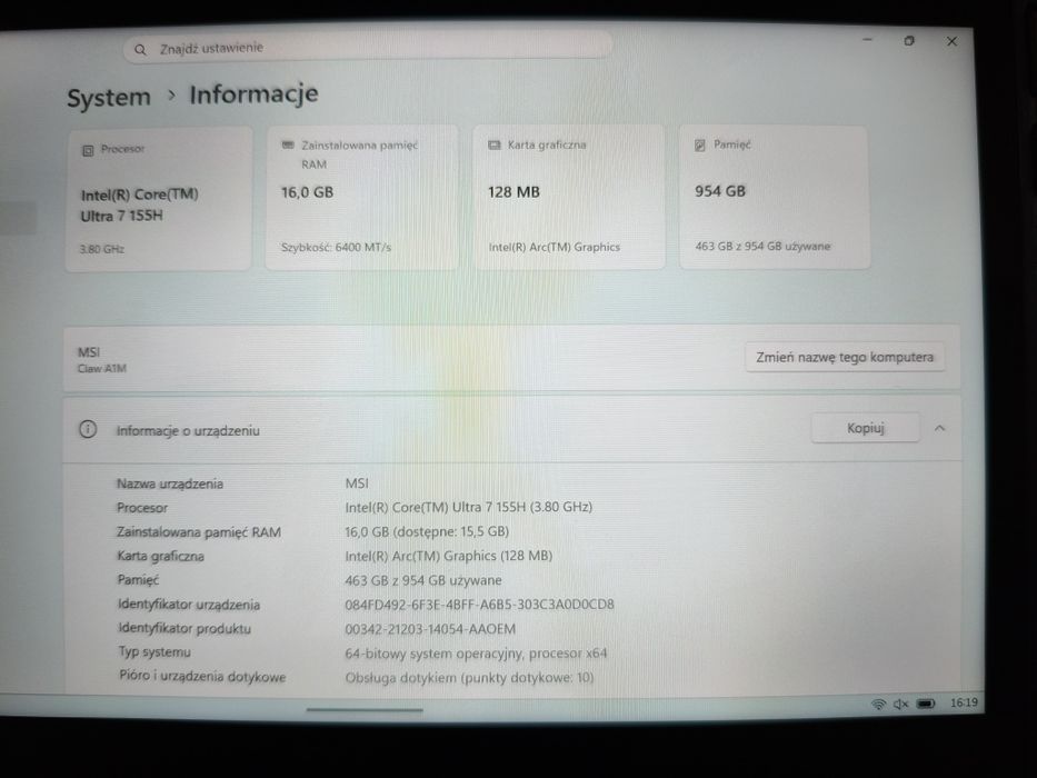 MSI Claw 16GB/1TB Intel Ultra 7 konsola przenośna