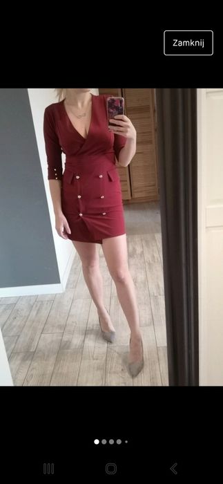 Bordowa sukienka złote akcenty piękna 36 34 xs s nowa