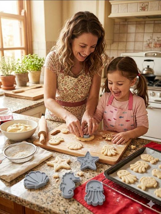 Kit 5 Cortadores + Carimbo para Biscoitos e Pasta Americana – Moldes Grandes 7,5 cm – Ideal para Confeitaria, Bolachas Decoradas
