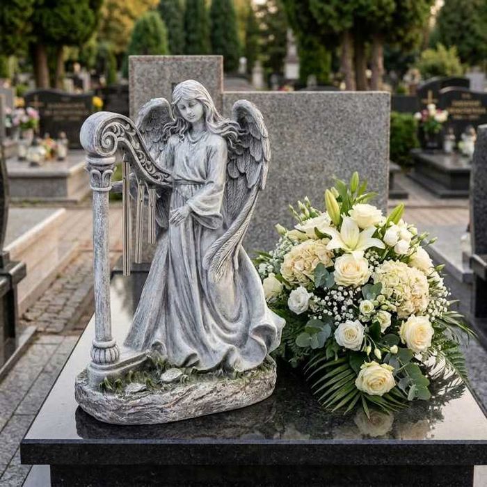 Figura Anioł Z Harfą Ozdoba Cmentarna Dekoracja Na Grób Posąg Rzeźba