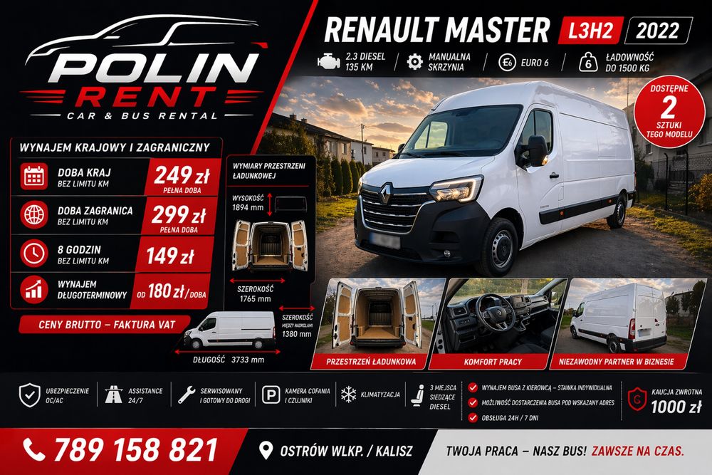 Wynajem busów bez limitu km, 249 zł doba, Master/Jumper/Ducato