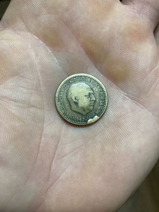 Moneta Hiszpańska 1 Uno Peseta 1947 destrukt