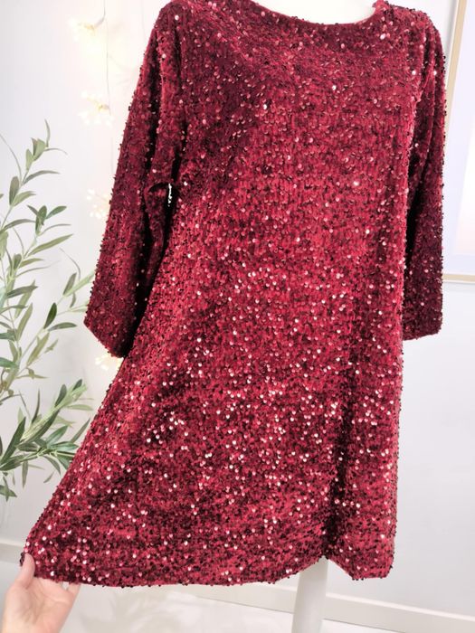 Sukienka cekinowa midi bordowa z kokardą na plecach wiskoza xl 42