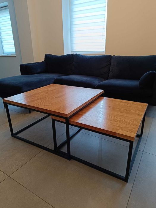 Stoliki kawowe do salonu, LOFTOWE, blat dębowy, komplet 2w1