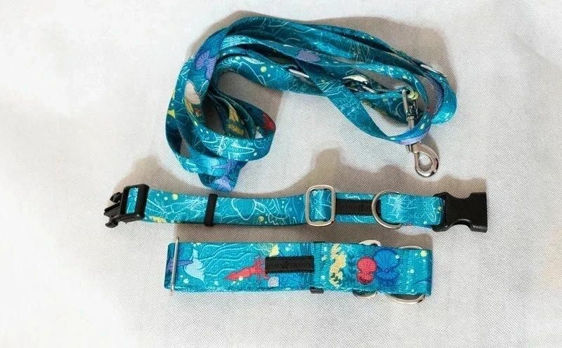 Smycz  obroża półzaciskowa charcia wakacje wzór morski  wakacyjny