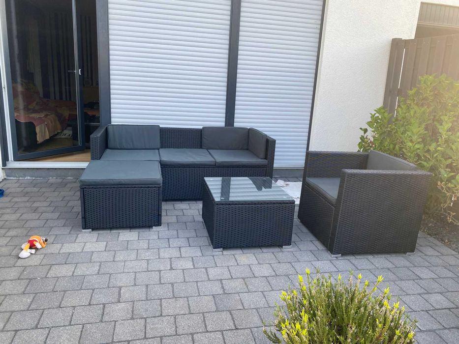 sofa kanapa Narożnik ogrodowy rattanowy z ratanu rattanu + stolik stół wysyłka 24H meble ogrodowe taras balkon ogród relax relaks ciemne odbiór