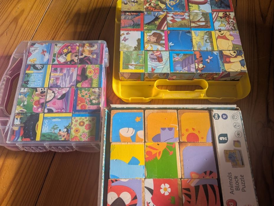 Klocki drewniane puzzle 3 zestawy