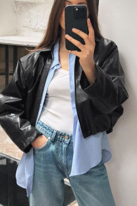Чорний бомбер з екошкіри від zara / черный бомбер с экокожи зара розмір L