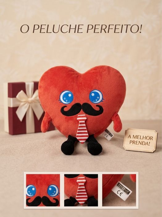 Peluche Coração com Bigode e Gravata – Como Novo