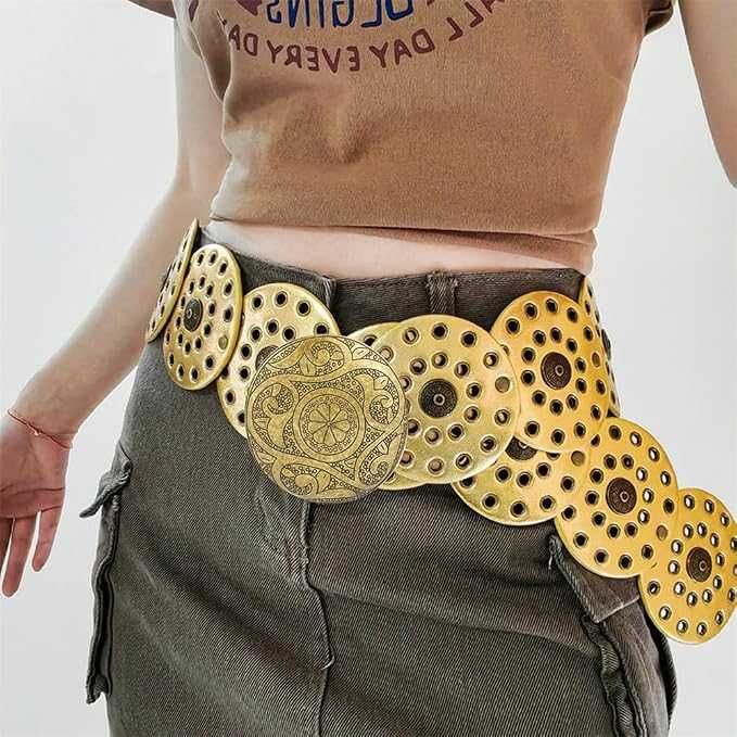LIMHOO Damski Szeroki Pasek Skórzany Boho Western Okrągłe Tarcze