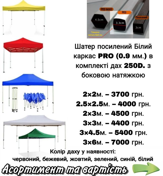 Шатер, палатка, намет посилений розкладний 3×3 м. білий каркас 0.9