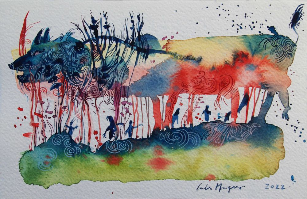 Aguarela original de Carlos Marques. Fantasia, surreal, florestas