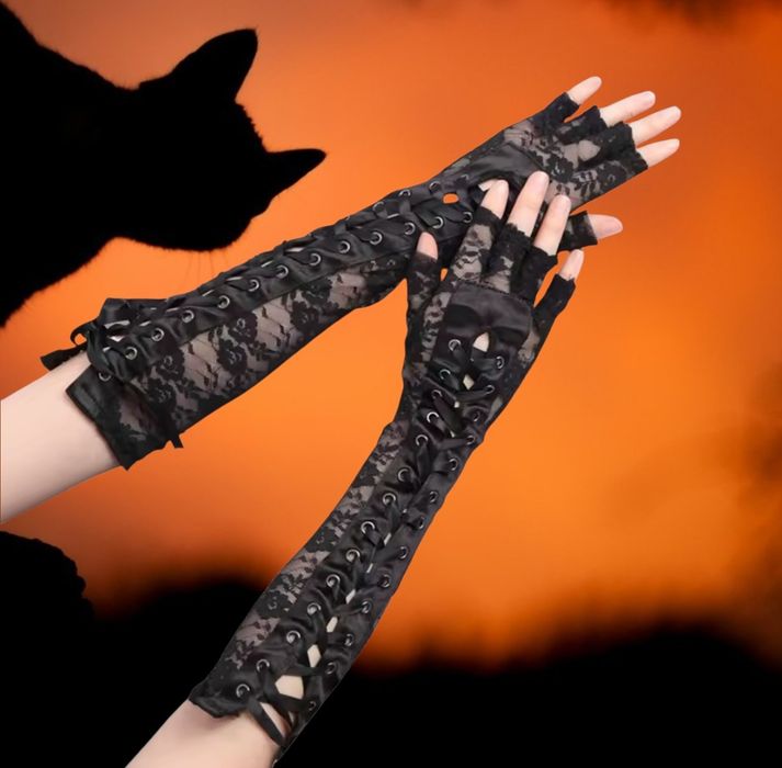 Długie czarne rękawiczki z koronki sznurowane mitenki Goth Gothic Alternative Witch Cosplay Halloween