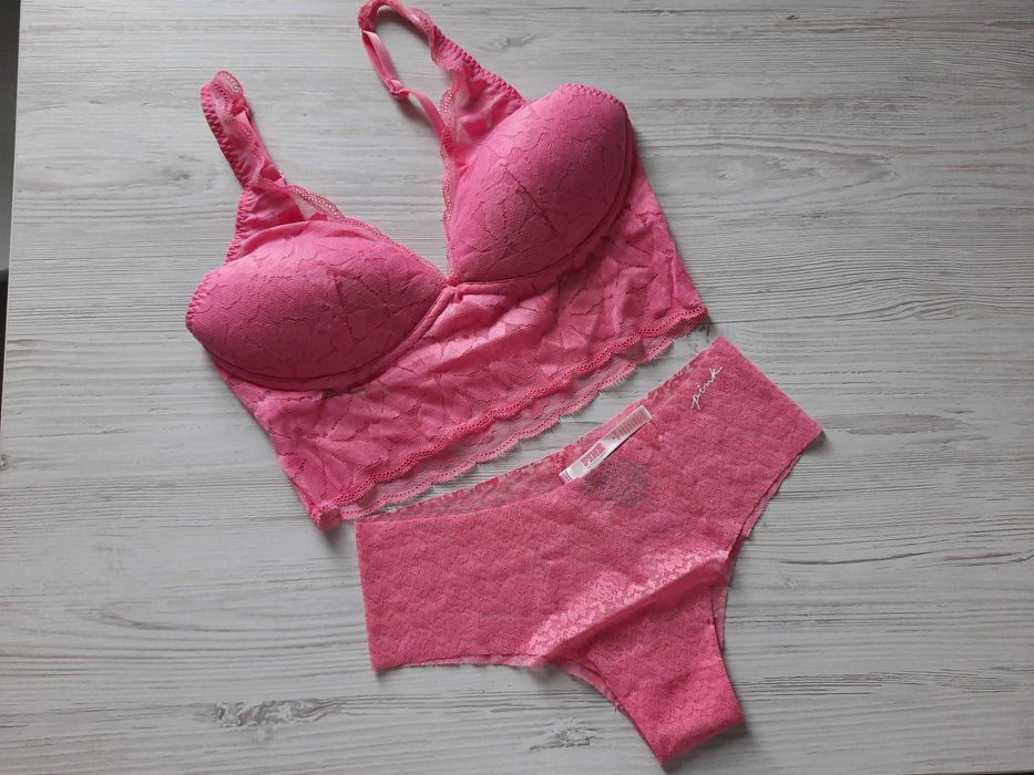 Розовый комплект нижнего белья кружевной Victoria's Secret р.М бралетт