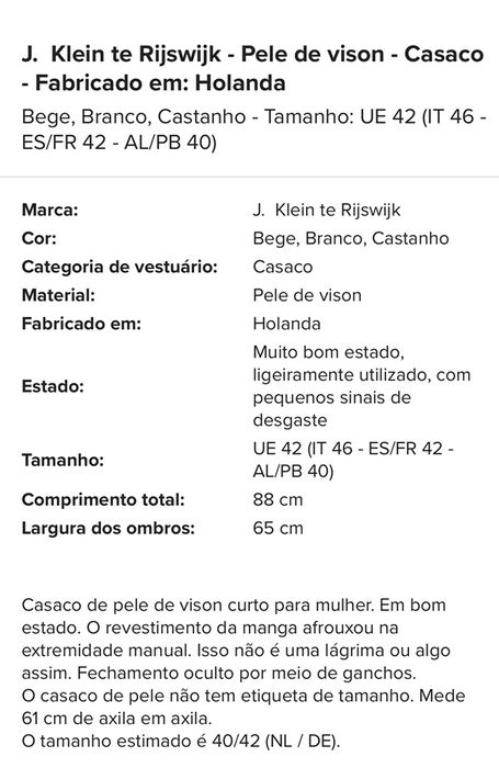 Casaco VISON tamanha UE 40