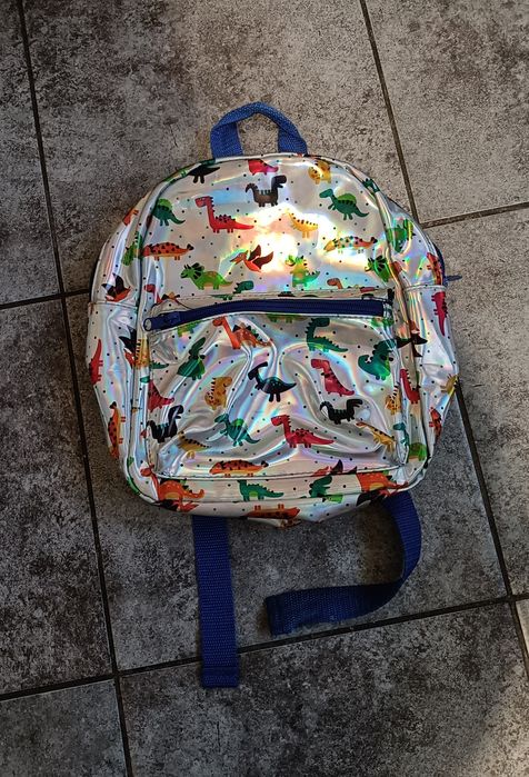Jednokomorowy srebrny plecaczek w dinozaury.
