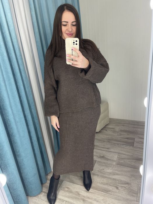 Акция!!!Женский теплый вязаный костюм свитер+юбка Жіночий костюм 42-50