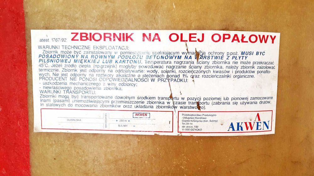 ZBIORNIK na olej opałowy 1000L włókno szklane