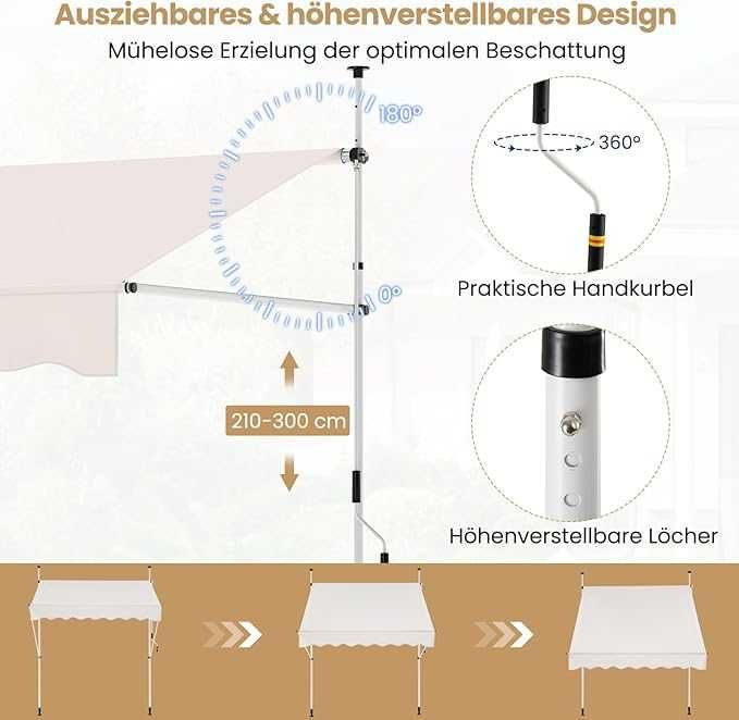 Markiza balkonowa 200x180 Regulowany z korbą ręcznie zwijana Costway