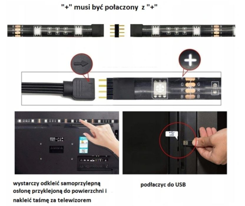 Taśma LED USB TV RGB + PILOT 1 metr - Podświetlenie TV 5V