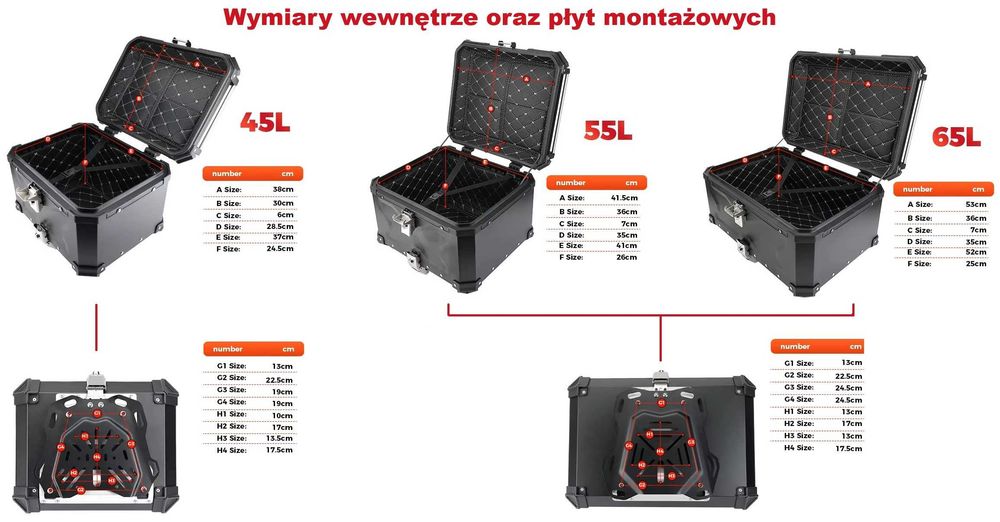 ALUMINIOWY kufer motocyklowy centralny CZARNY 45L / 55L / 65L+ PŁYTA