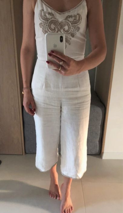 Kombinezon len boho haft piękny lato xs 34 ecru biały