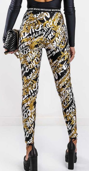 Versace Jeans Couture Legginsy S Slim Fit Czarne Złote Wzory