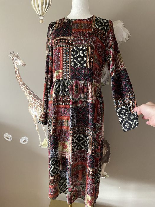 Kolorowa sukienka midi Zara boho etno patchwork, długi rękaw, S