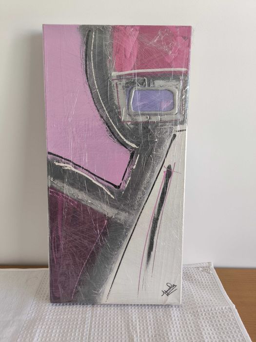Tela / Pintura Abstrata Original Assinada (Tons de Rosa, Cinzento e Roxo
