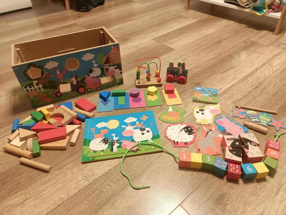 Skrzynia drewniana sorter puzzle klocki wędka