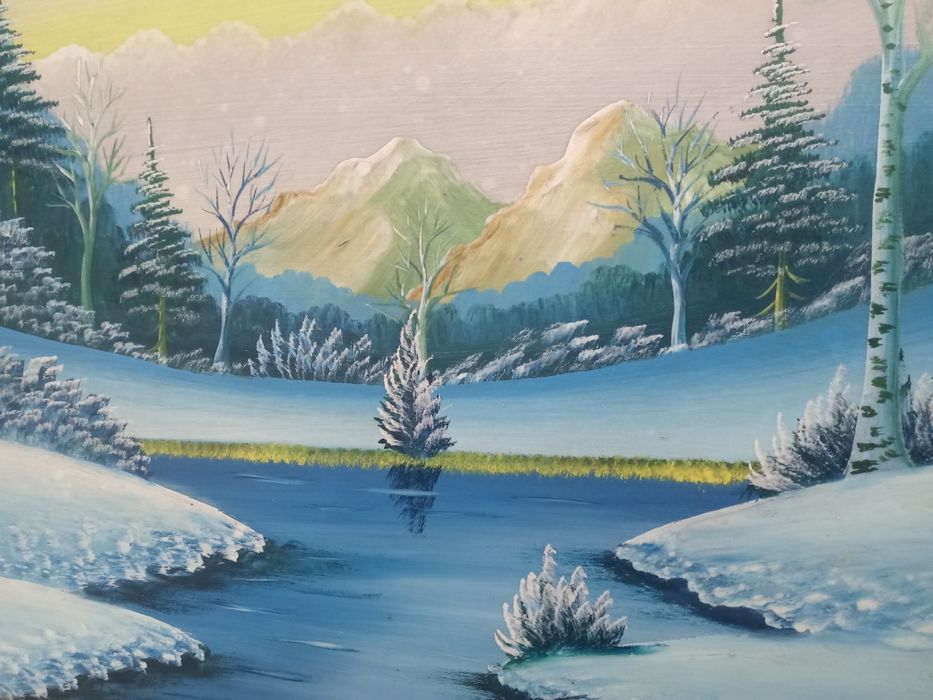 Stary obraz olejny PRL zimowy krajobraz