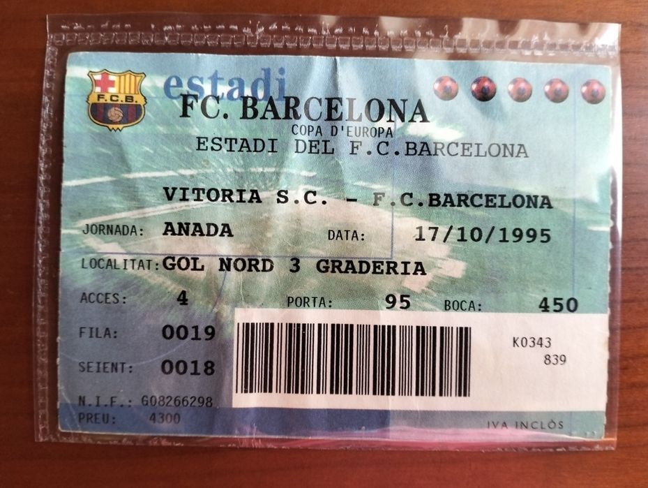 Antigo Bilhete Barcelona x Vitória de Guimarães 1995