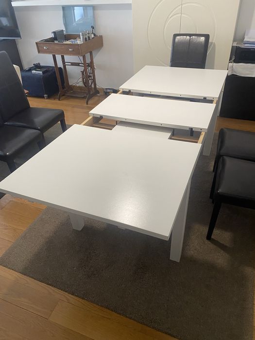 Mesa de jantar extensível + 6 cadeiras em pele – conjunto completo