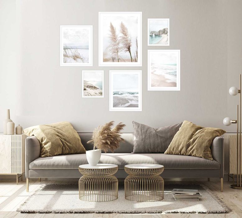 6x ZESTAW OBRAZ W RAMIE PLAKATY RAMKA boho trawa pampasowa morze