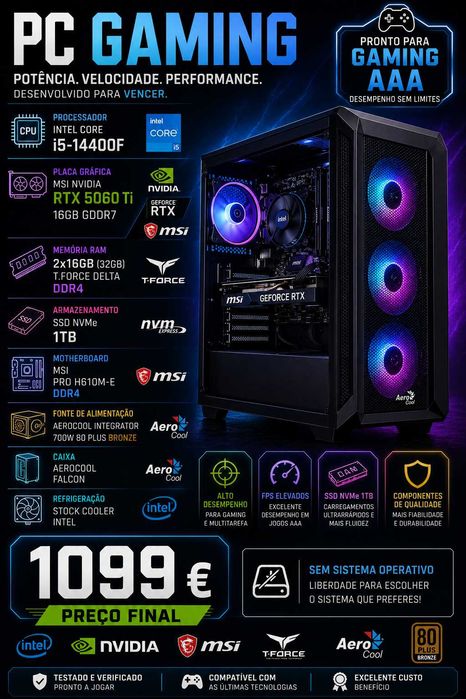 Desktop Gaming NEBULA ( Intel Core i5 14400F - NVIDIA GeForce RTX 5060 Ti - RAM: 32 GB - 1 TB SSD) (2,5 anos garantia)